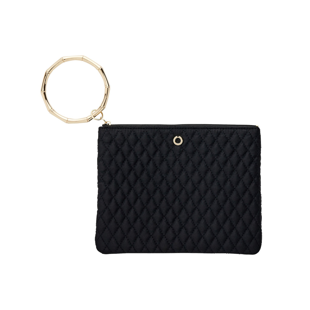 Oventure Bracelet Bag in black quilted nylon with a bamboo handsfree handle
