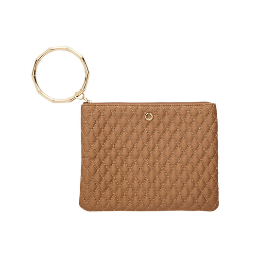 Carmel Quilted Bracelet Pouch Gold Hardware and bamboo handsfree handle