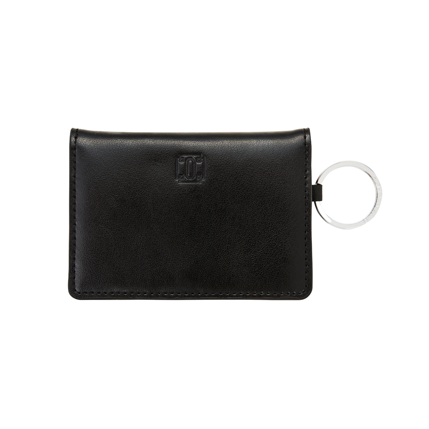 Sleek black leather bifold Keychain Wallet with compartments shown with key attached.
