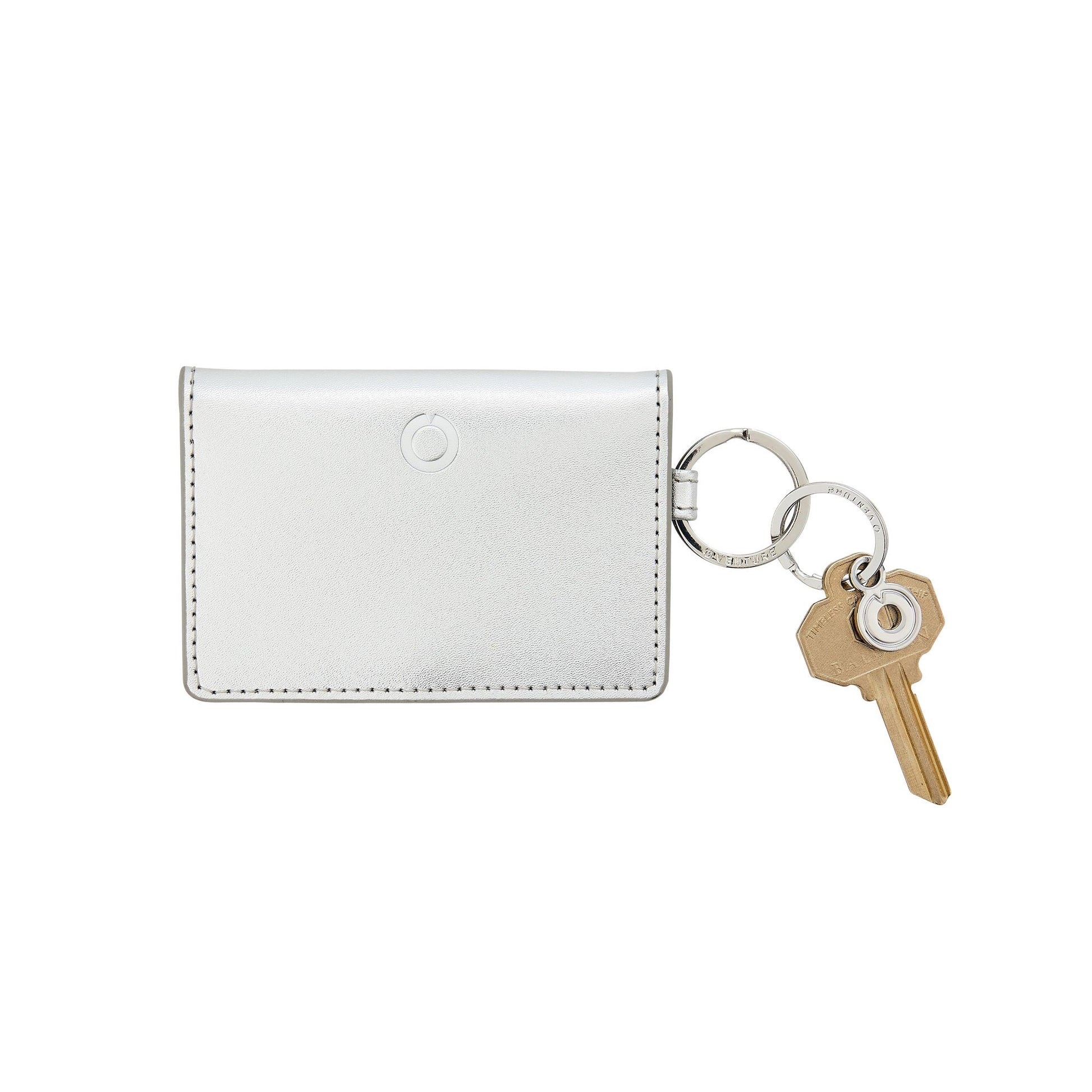Sleek silver leather keychain wallet with compartments with key attached in silver leather.  Front side.