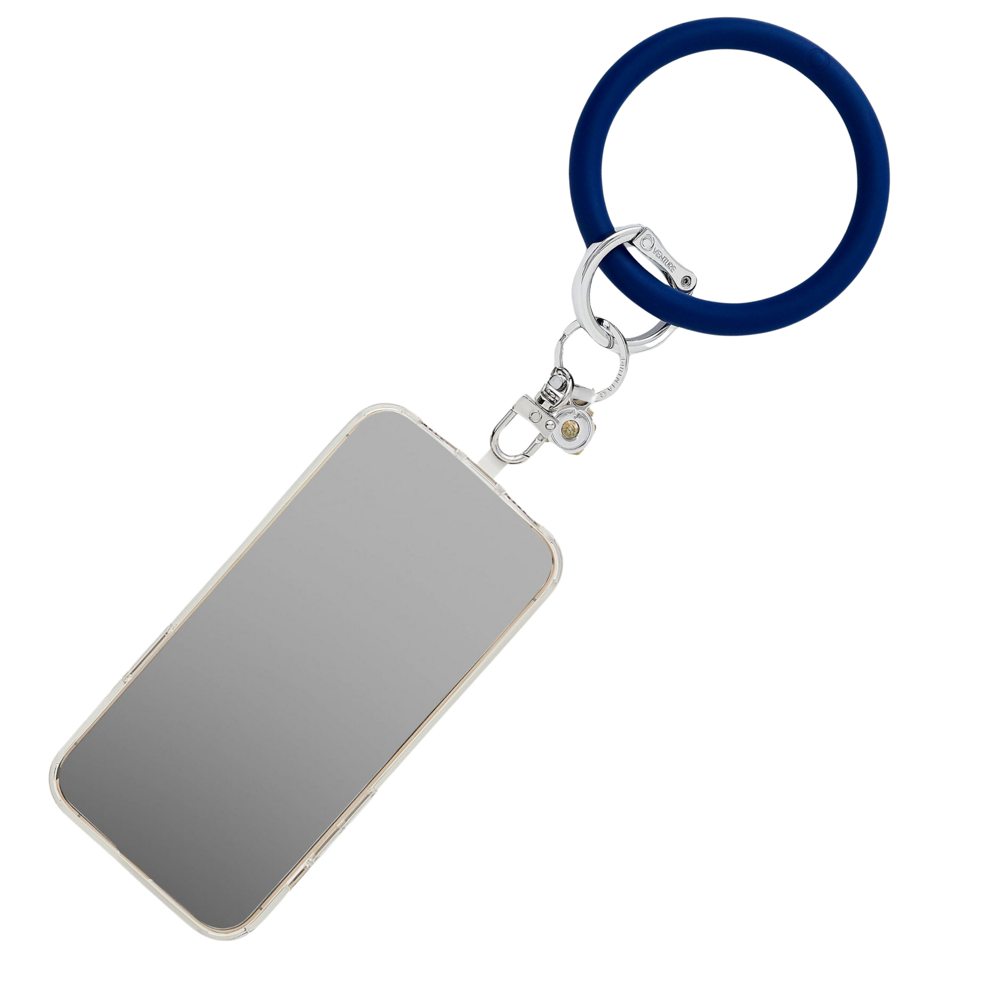 Stylish phone wristlet for hands-free convenience shown in navy silicone.