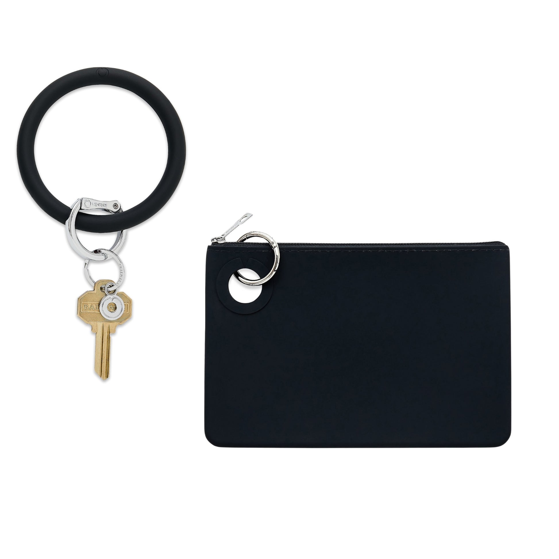 Black silicone Big O® Key Ring with silver clasp, shown with a water-resistant black silicone pouch and house key, perfect for hands-free organization on the go.