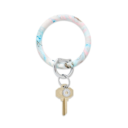 Baby blue, light pink, off white marble swirl print silicone big o key ring with silver locking clasp