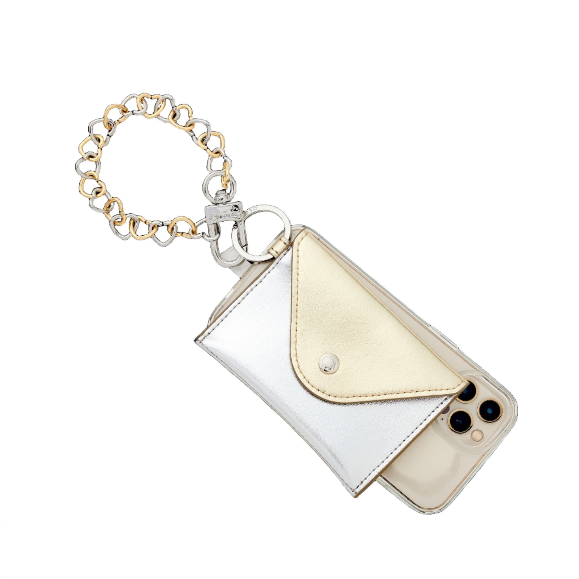 Gold and silver heart chain phone charm accessory.