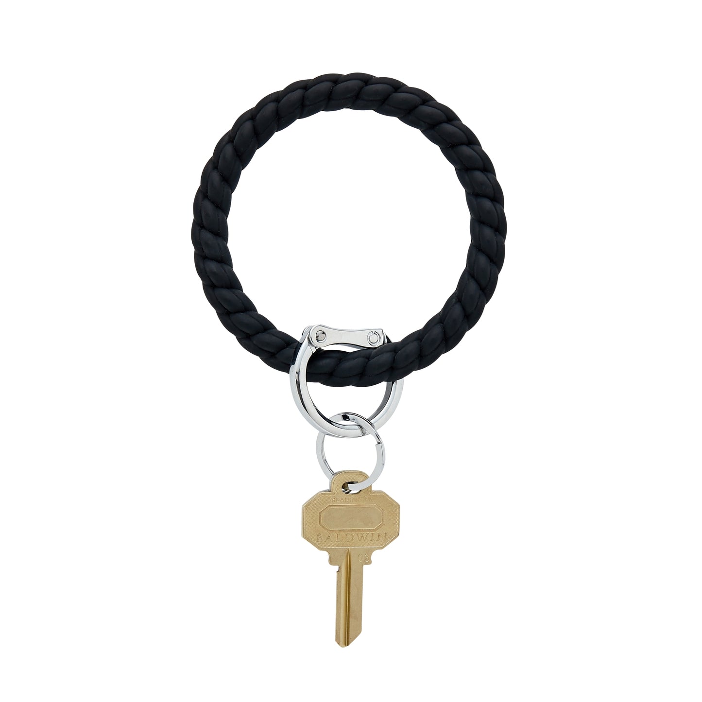 Big O Keyring in Black silicone braided effect.  This handsfree bracelet keychain is shown in black with split ring and key attached.
