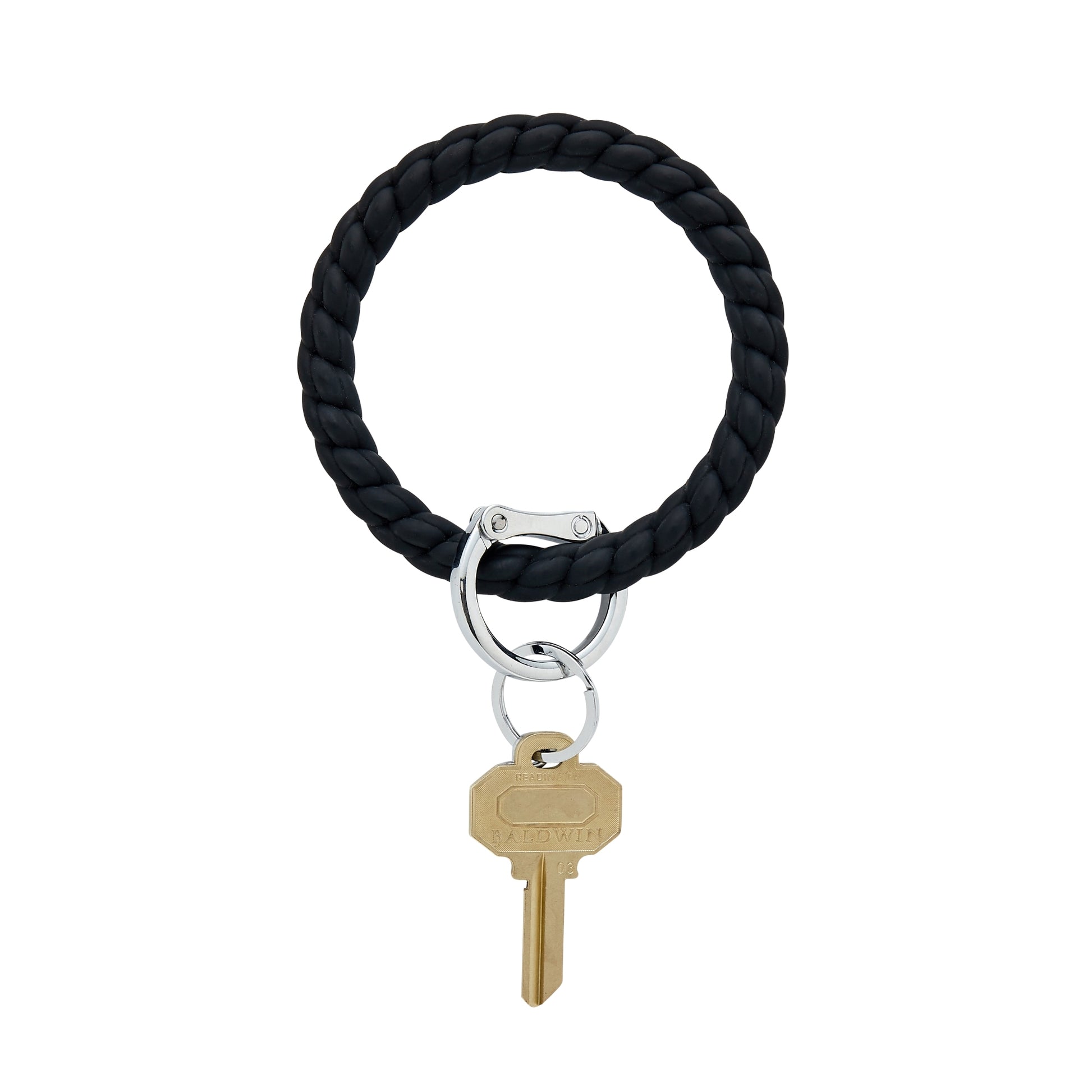 Big O Keyring in Black silicone braided effect.  This handsfree bracelet keychain is shown in black with split ring and key attached.