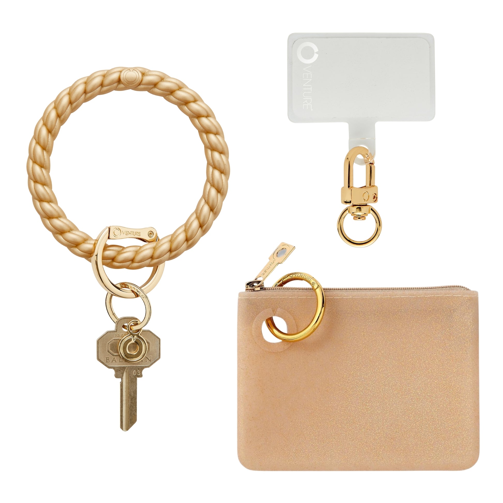 Oventure braided three in one set with Big O Keyring, mini silicone pouch and phone connector in gold