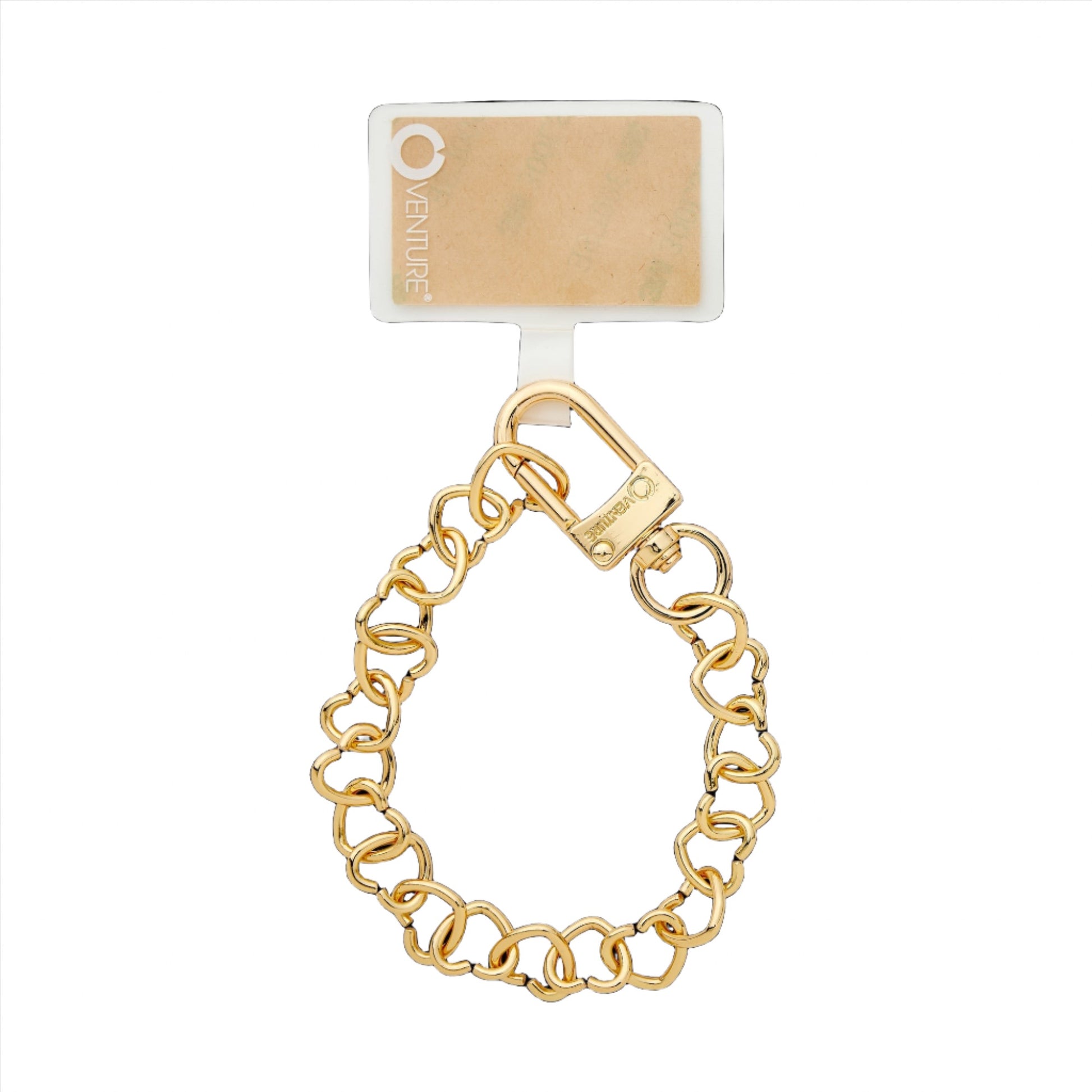 Gold Heart Chain phone charm wristlet for handsfree convenience.