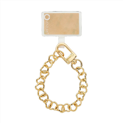 Gold Heart Chain phone charm wristlet for handsfree convenience.