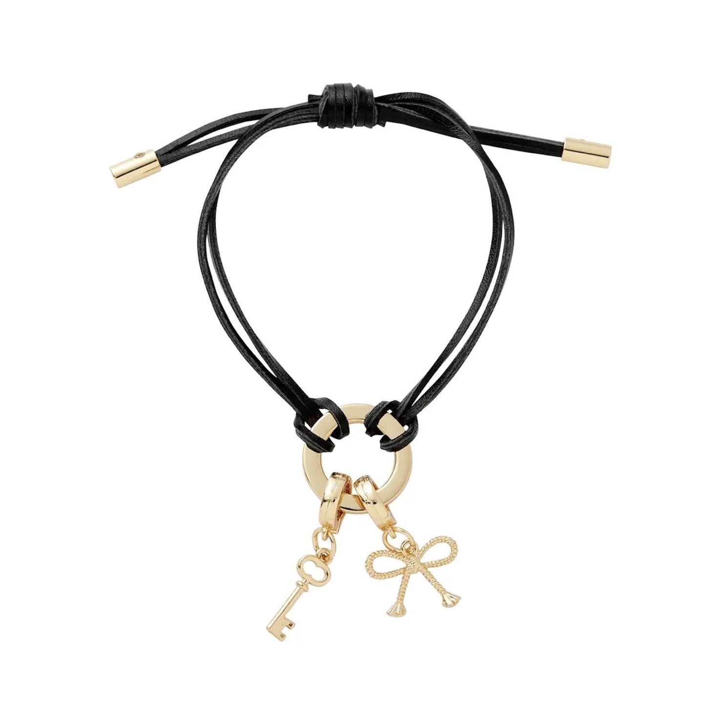 Black cord bracelet with gold key and bow charm on a white background