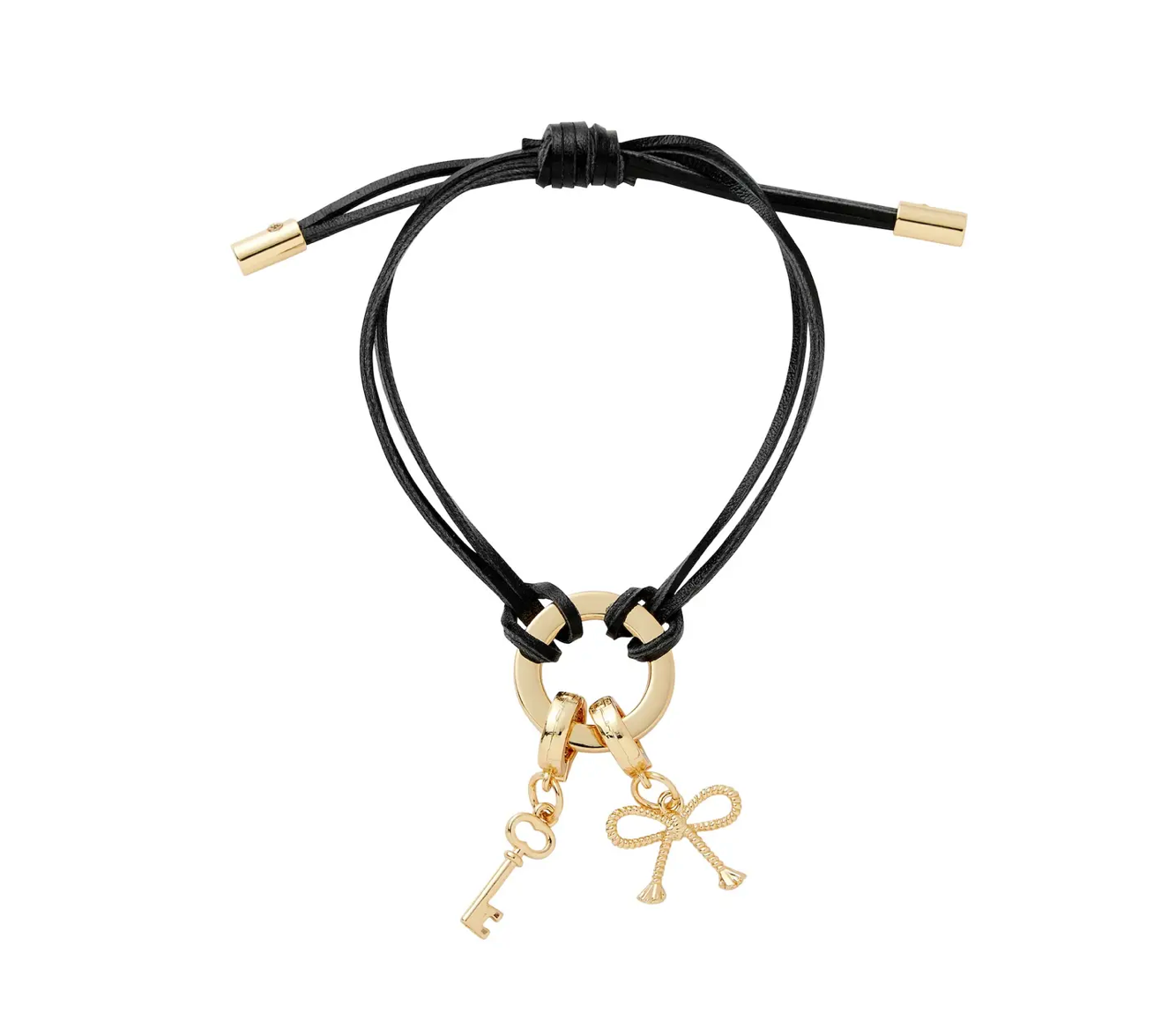 Black cord bracelet with gold key and bow charm on a white background