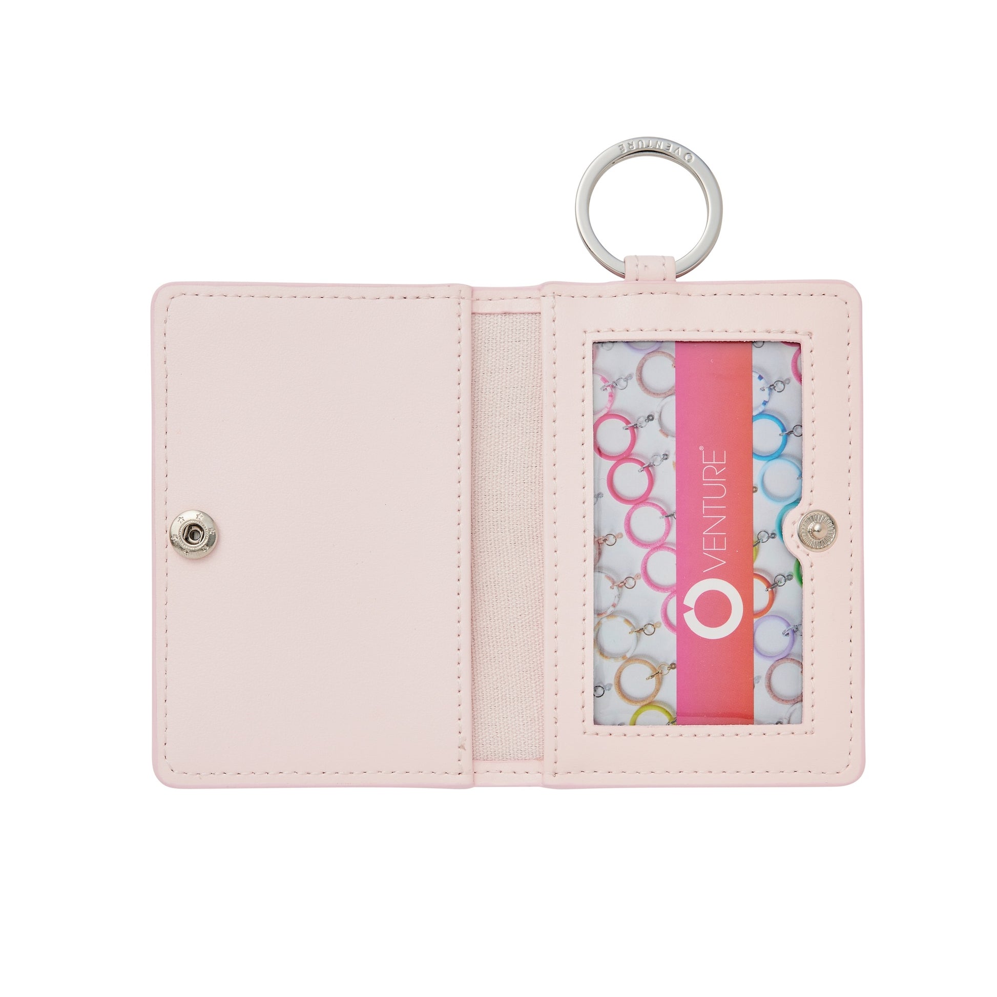 Keychain wallet in light pink. Open to show ID case window 