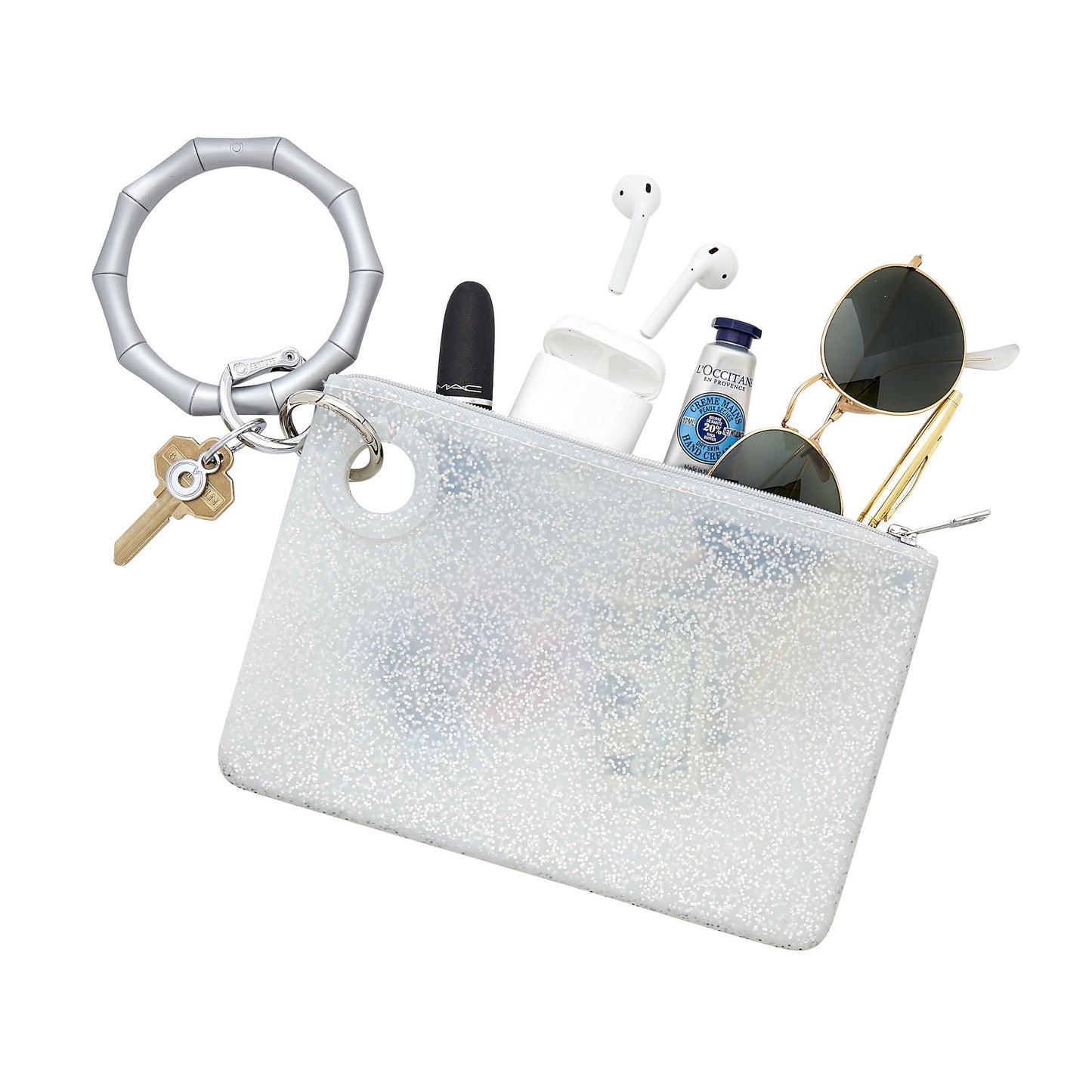 Large Silicone Oventure Pouch in quicksilver with silver confetti with solid quicksilver bamboo silicone key ring and accessories coming out of the pouch