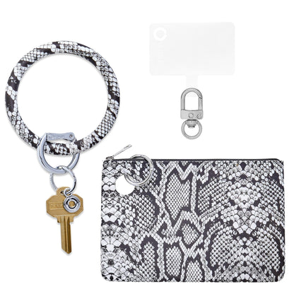 3-in-1 Tuxedo Snakeskin Large Silicone Pouch Set by Oventure. includes a silicone big o key ring in tuxedo snakeskin print, a mini silicone pouch in tuxedo snakeskin print and phone tab