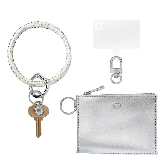 Stylish wallet wristlet with phone holder and card case in silver leather.