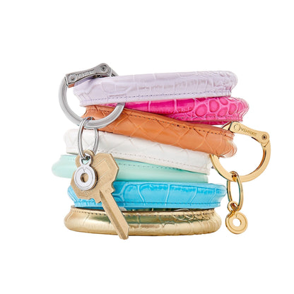 Croc Embossed Leather Big O Key Ring stack with In the Cabana Crock, Pink Topaz, Basketweave In the Saddle and MarshmellO, Pistachio, Peacock Croc and Solid Gold Rush Croc 