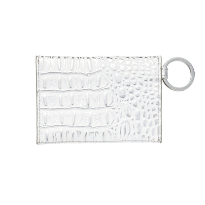 Stylish leather keychain wallet in mini envelope design.  Showing the backside of the silver leather keyring wallet.