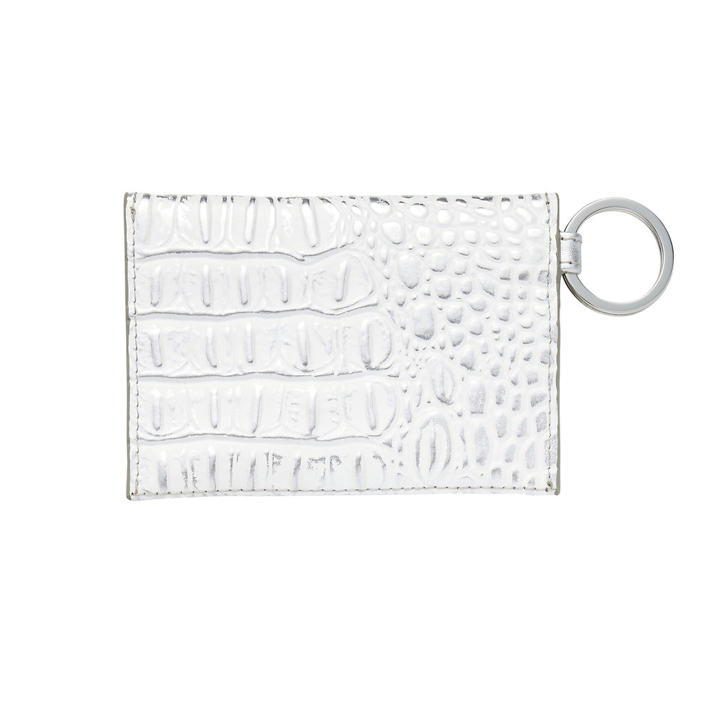 Leather Mini Envelope wallet in silver with croc embossed detail on the flap and the back showing the back