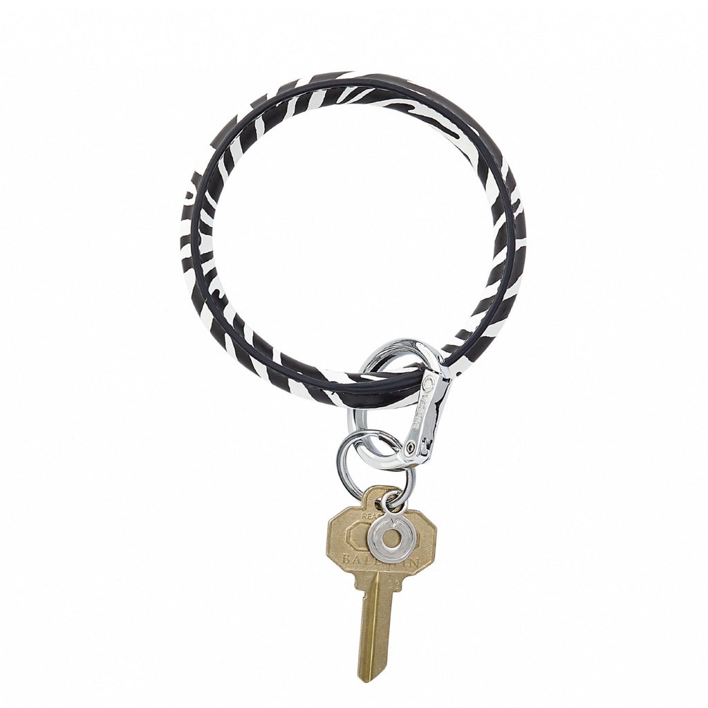 Leather Big O Key Ring in black and white zebra print with silver locking clasp
