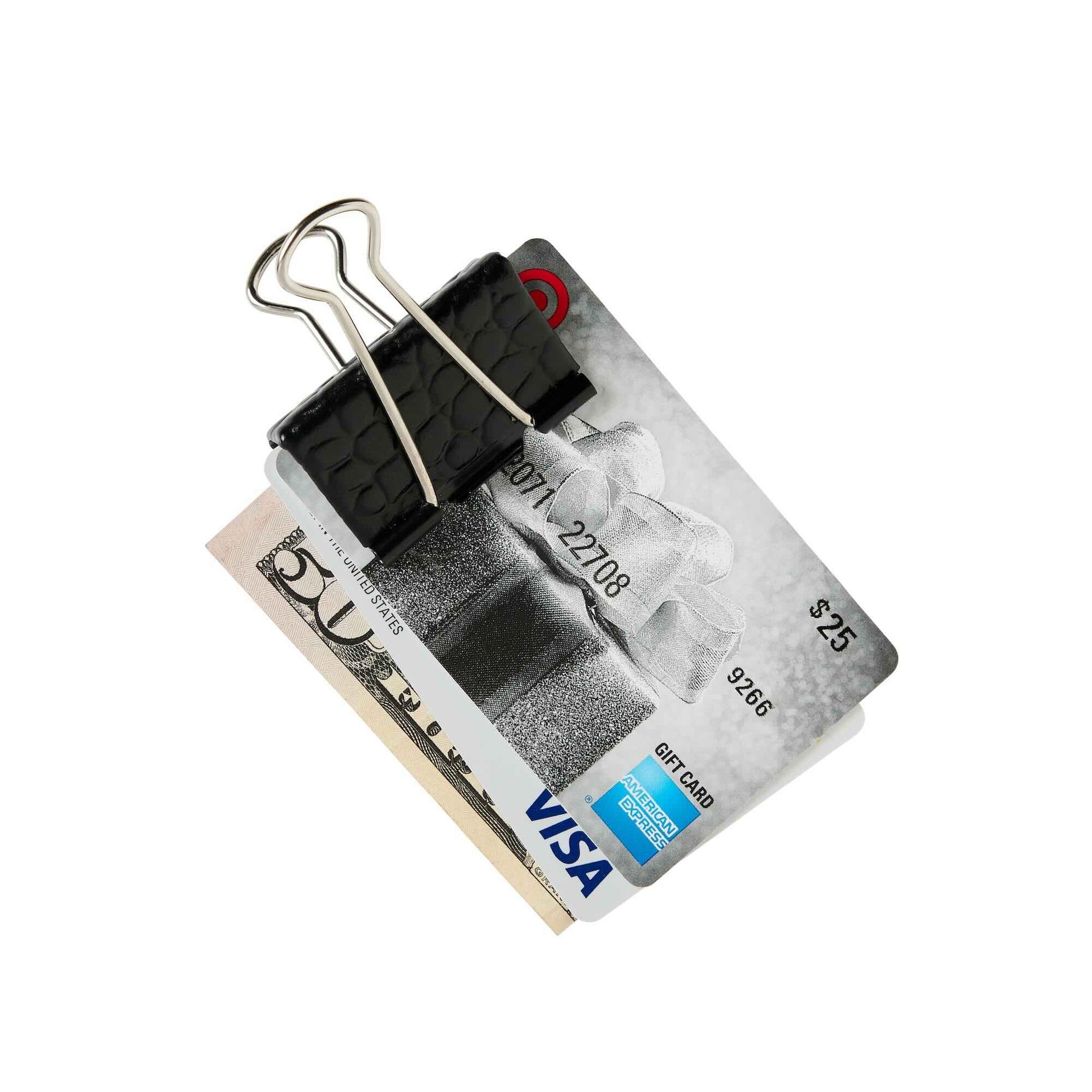 Men's Black Leather Moneyclip holding a Visa gift card and $50 bill on a white background
