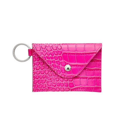 Stylish leather keychain wallet in mini envelope design shown in pink.