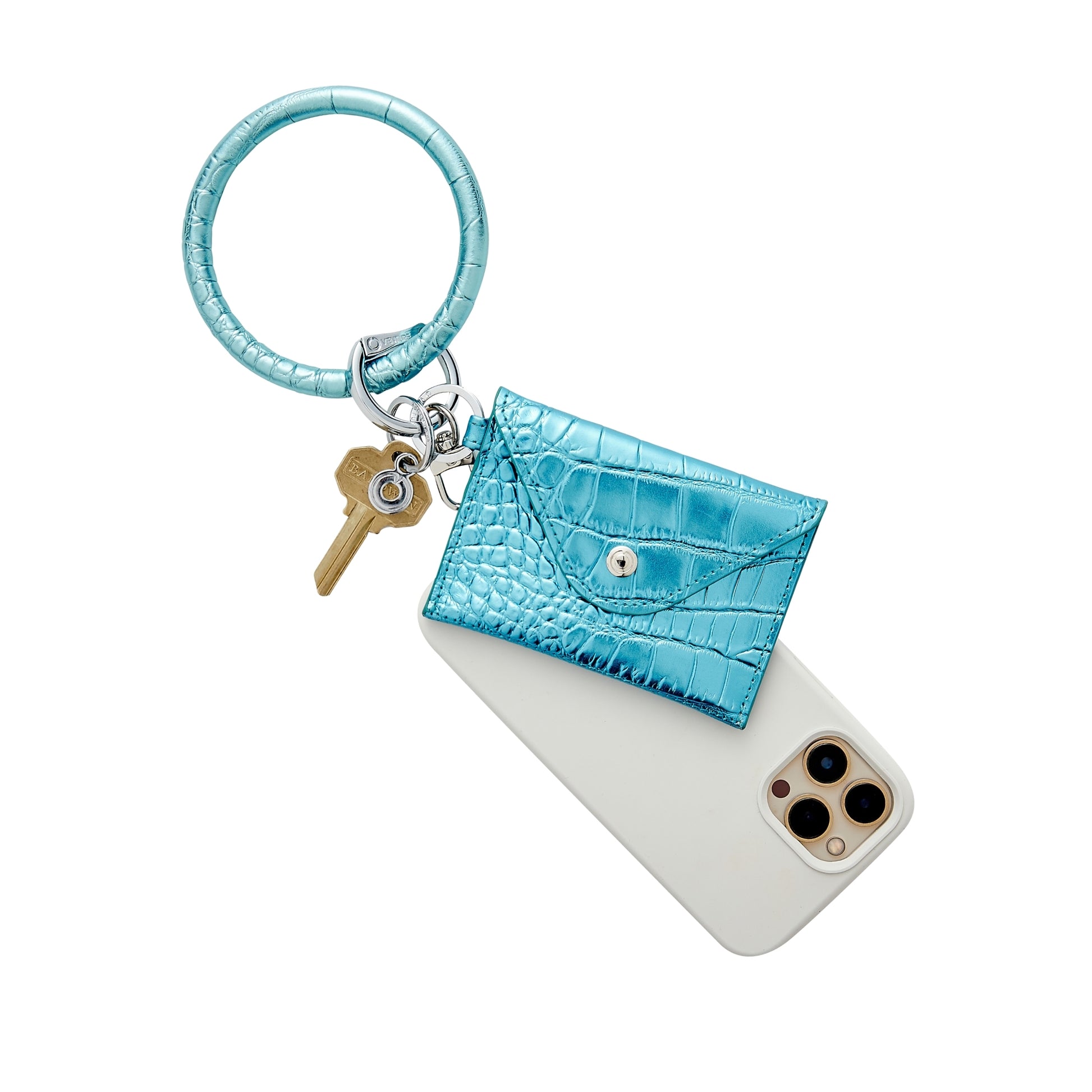 Stylish leather keychain wallet in mini envelope design.  Shown in light blue leather with phone holder and key ring bracelet.