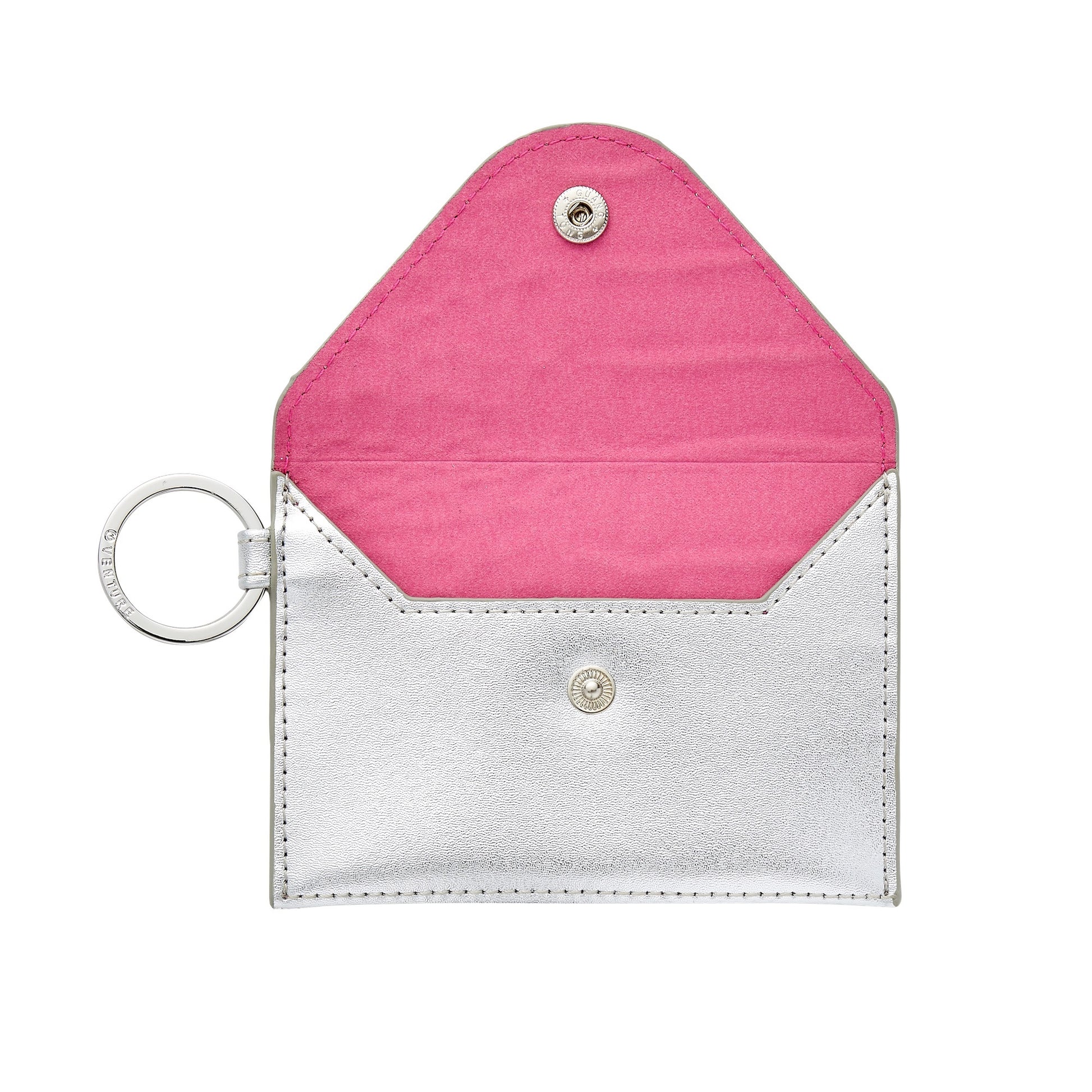 Quicksilver Croc-Embossed - Mini Envelope Wallet - Oventure showing the hot pink interior lining of the silver mini wallet