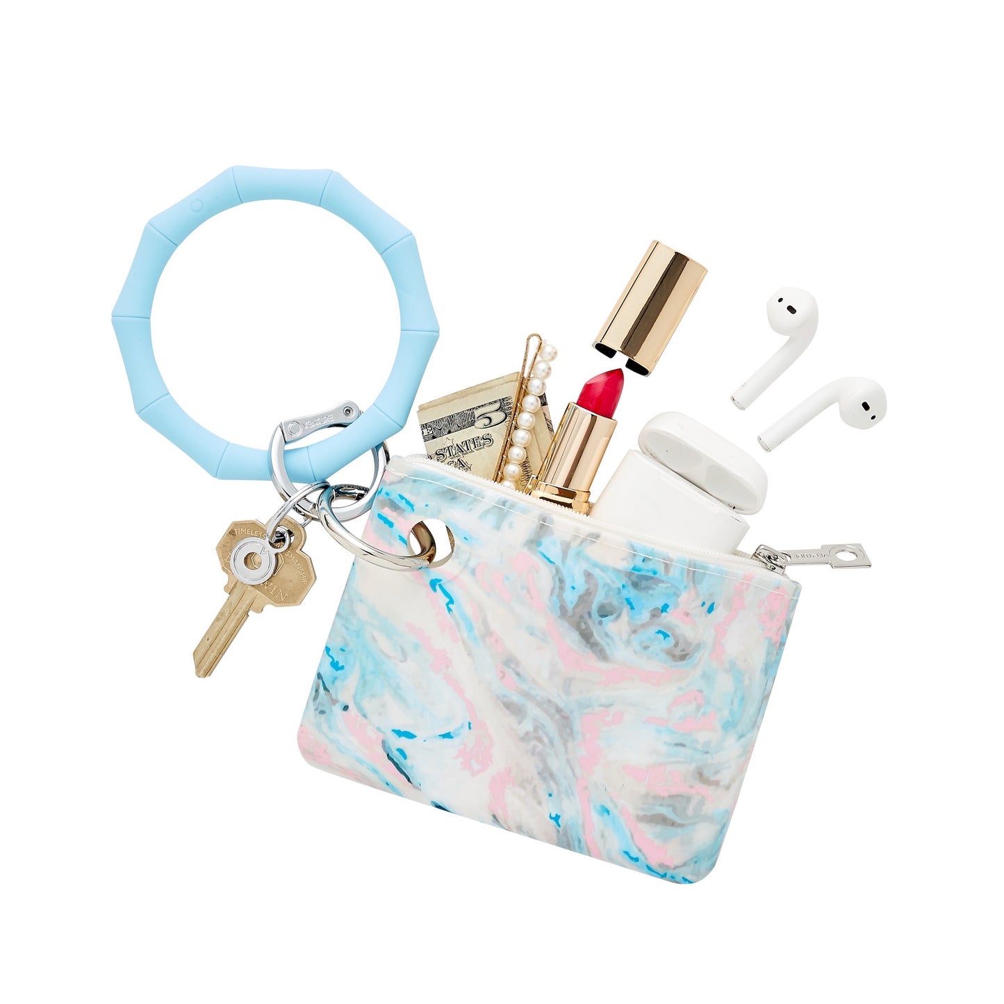Baby blue, light pink, off white marble swirl print mini silicone pouch with bamboo sweet carolina blue big o key ring