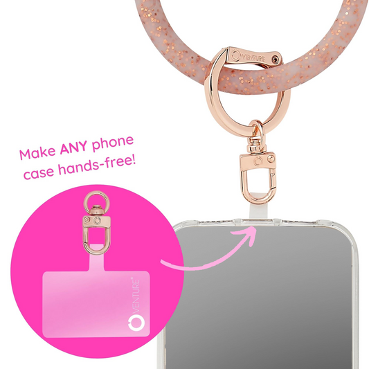 Rose Gold - The Hook Me Up™ Universal Phone Connector - Oventure attached to the big o key ring in rose gold confetti