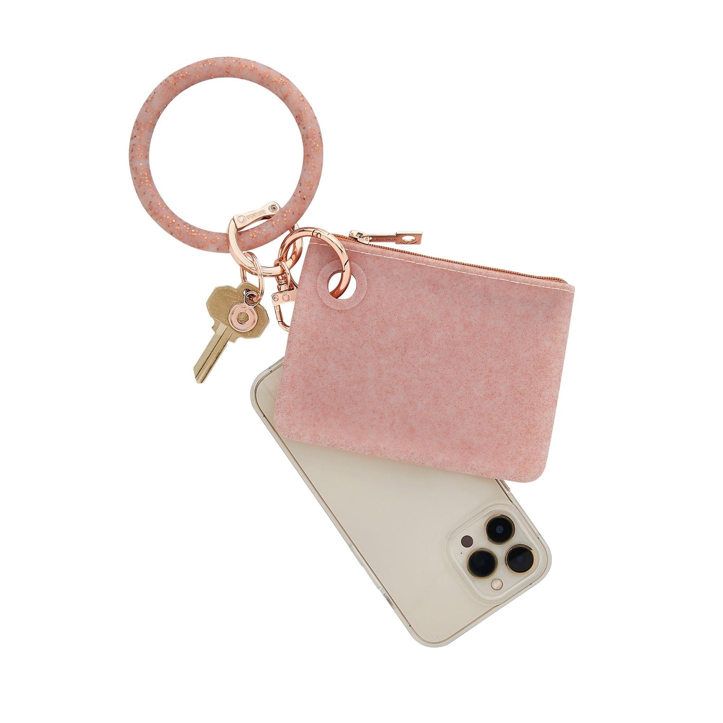 Stylish Mini Pouch Wristlet with Phone Holder in rose gold.