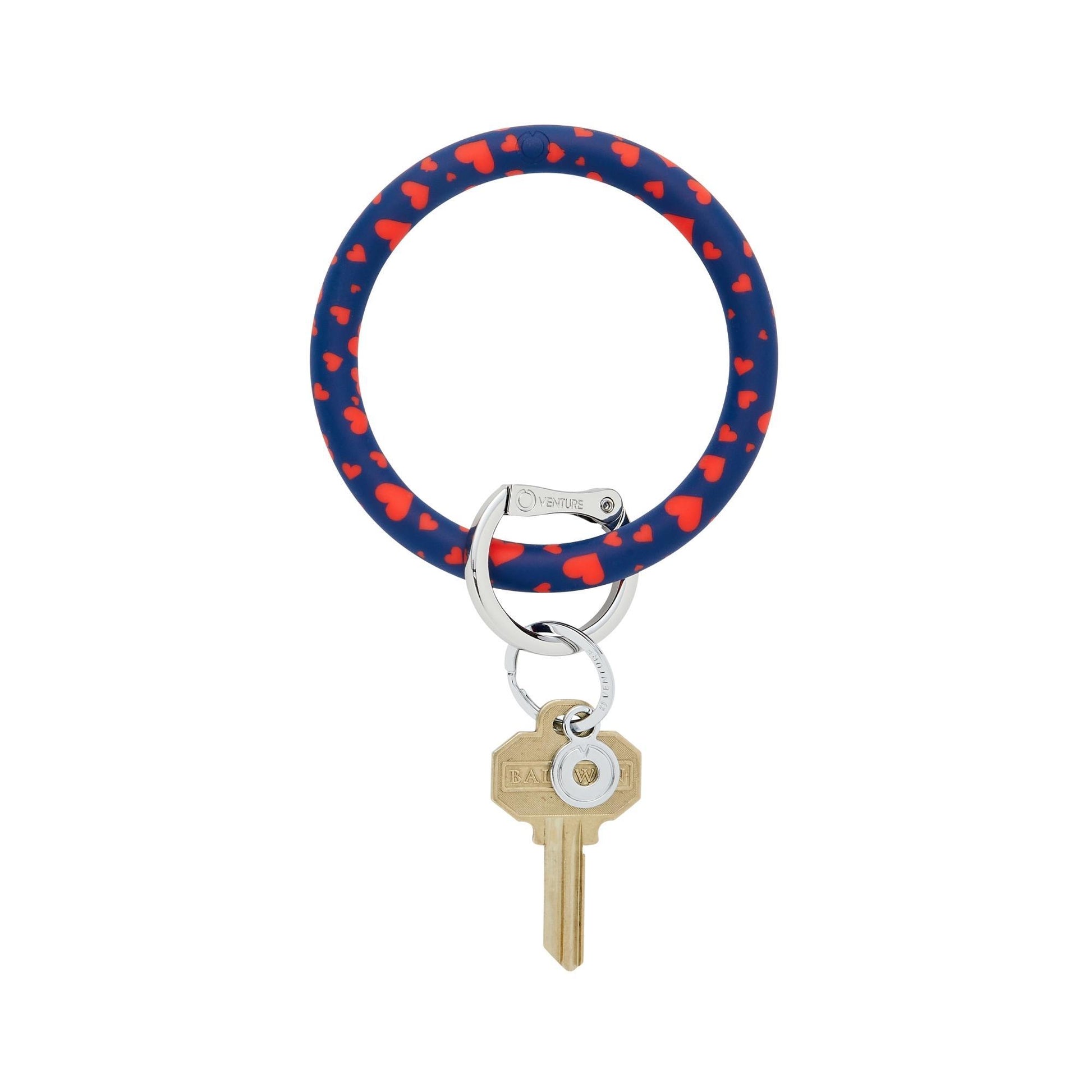 Navy background with red hearts silicone big o key ring with silver locking clasp