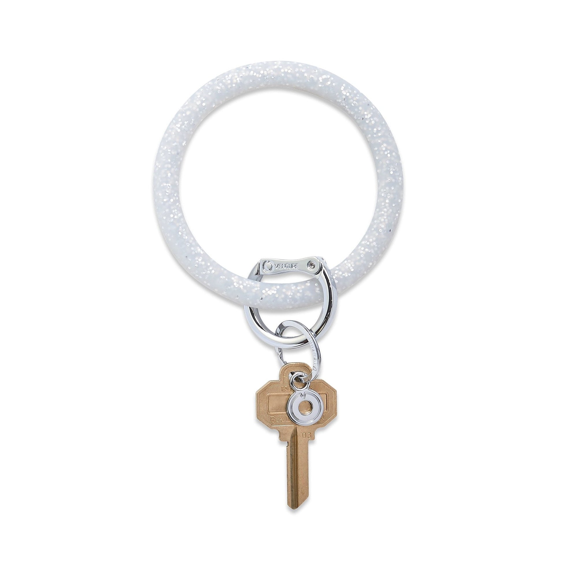 Quicksilver confetti silicone big o key ring with specs of silver glitter and silver locking clasp 