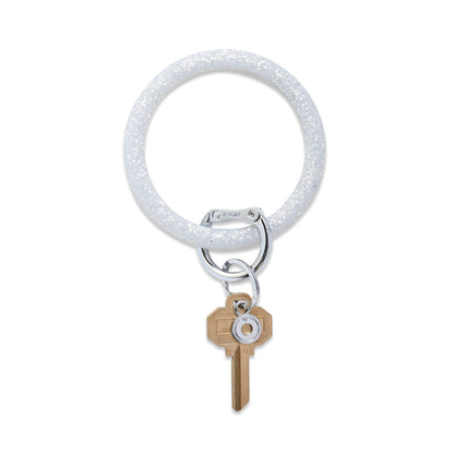 Quicksilver confetti silicone big o key ring with specs of silver glitter and silver locking clasp 