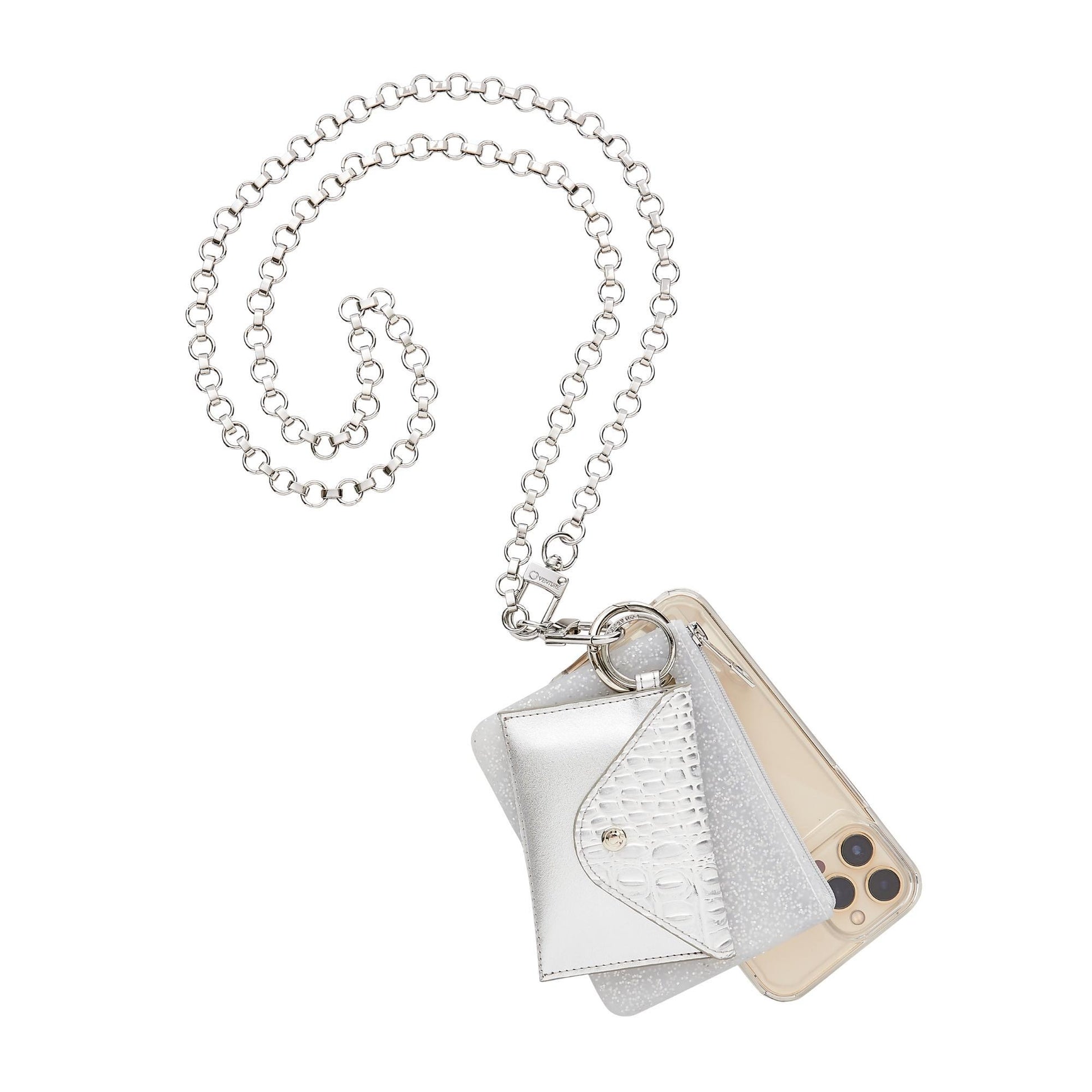Quicksilver crossbody chain with phone attached with quicksilver silicone mini pouch and leather mini envelope