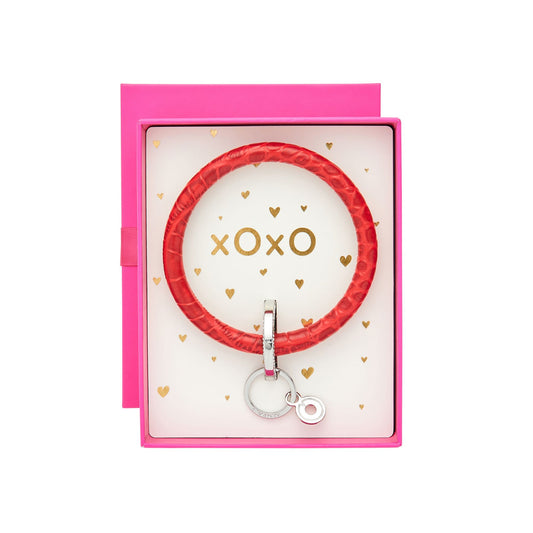 Leather Oventure Big O Key Ring in Red Croc Embossed  in Hot Pink Oventure Gift Box with Bow and Gold Oventure Logo