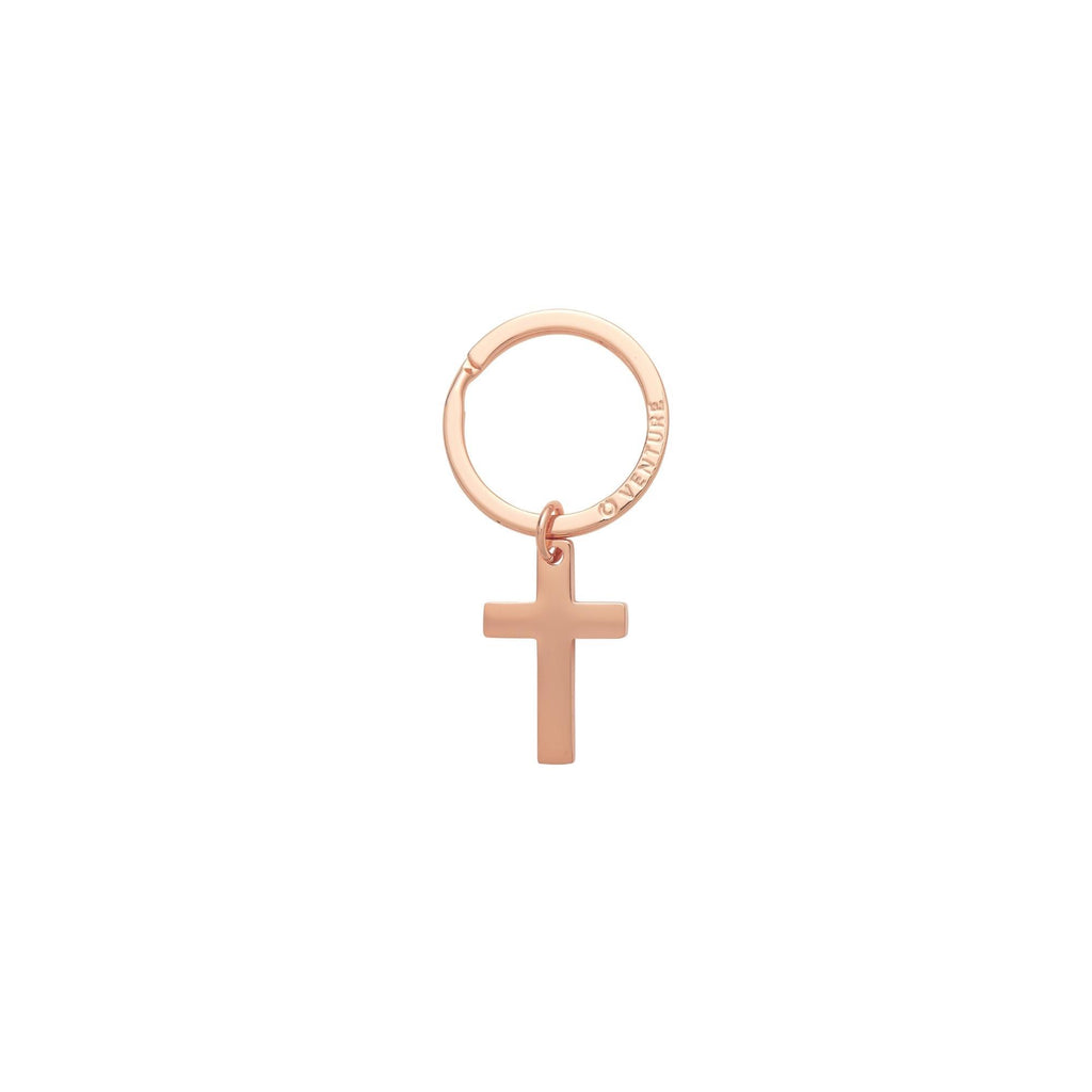 Cross key chain in rose gold finish. This keyring can stand alone or be attached to a big o key ring as a charm.