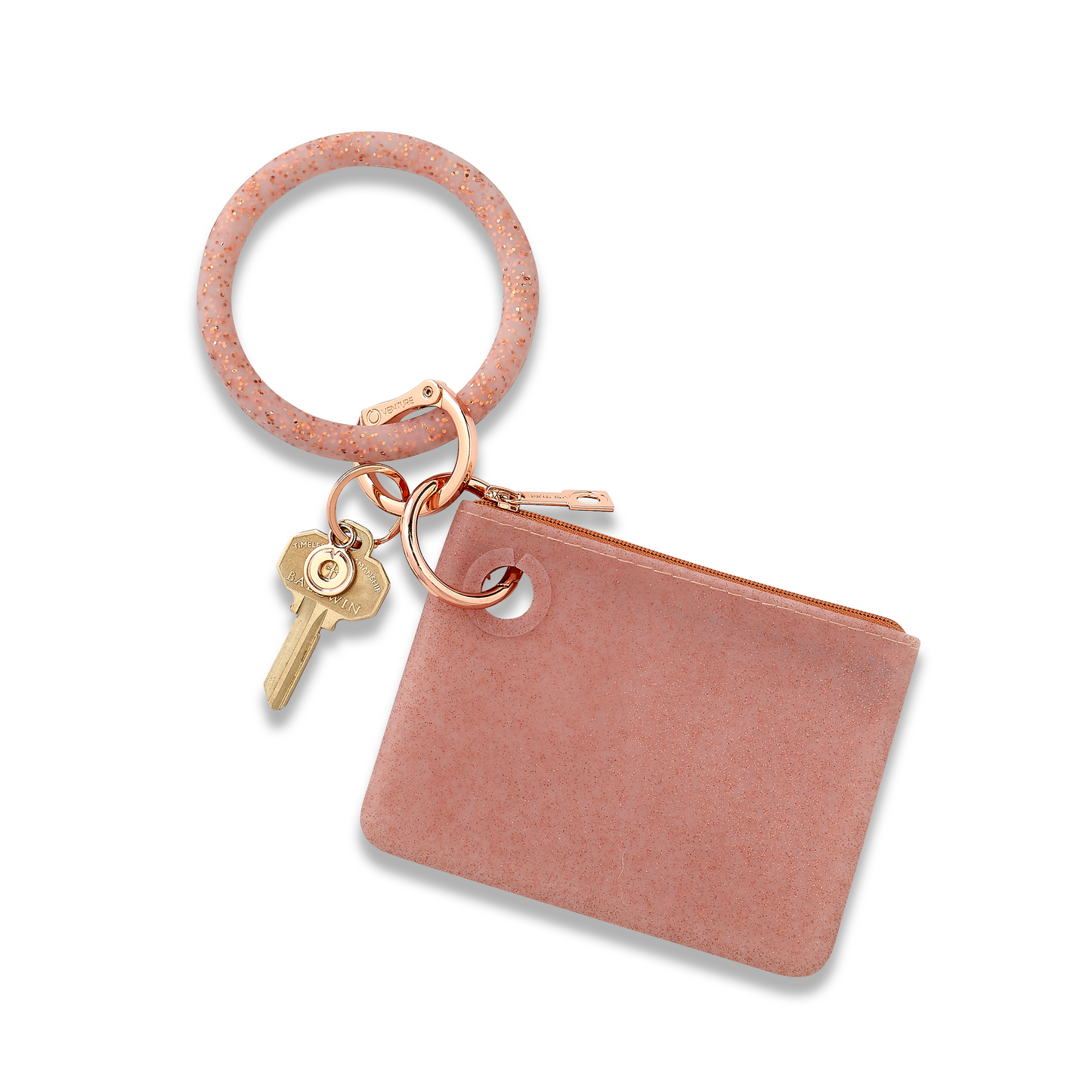 Mini pouch wristlet in smooth silicone material in rose gold confetti.