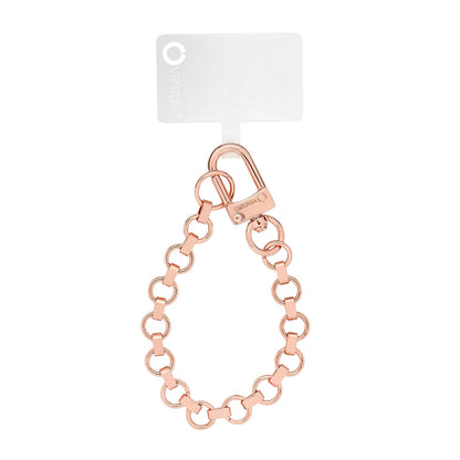 Mini Rose Gold Round Chain Link Wristlet with phone connector attached