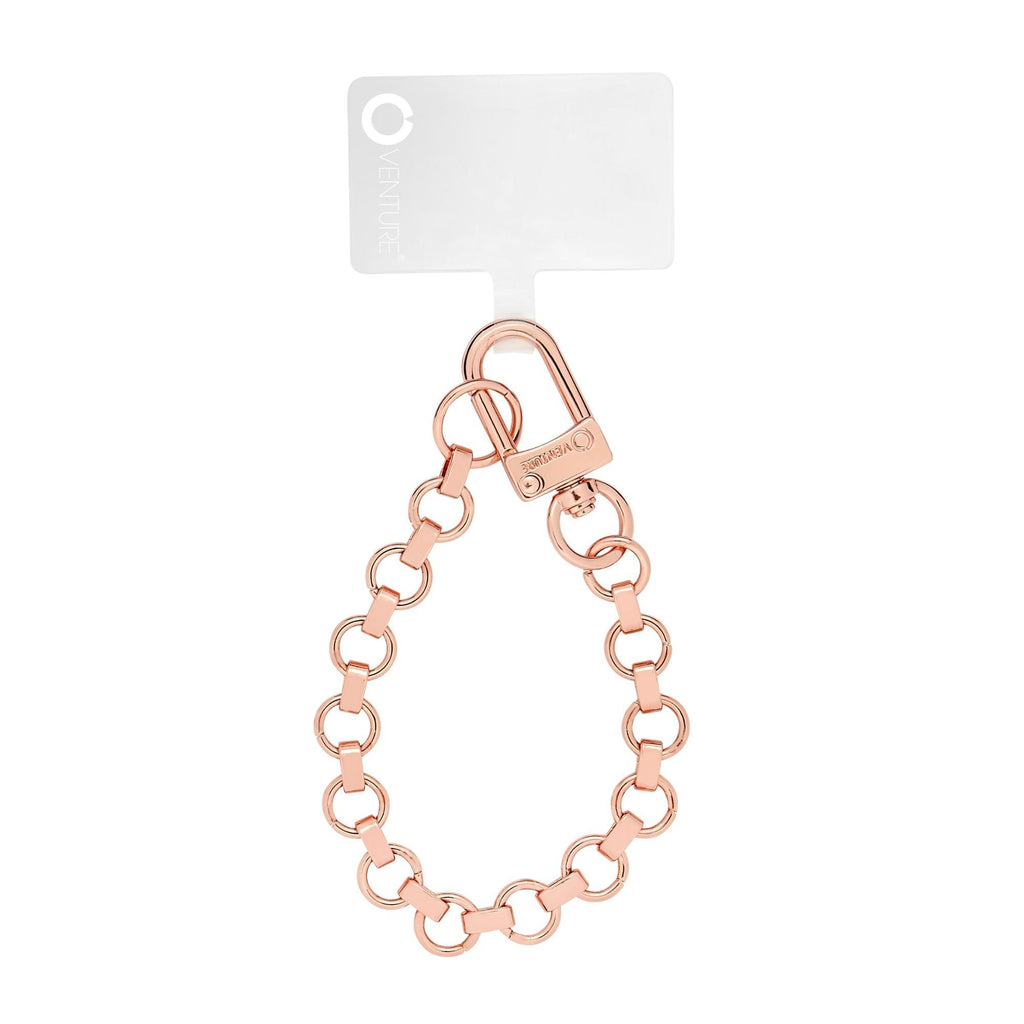 Mini Rose Gold Round Chain Link Wristlet with phone connector attached