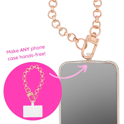 Rose gold chain phone charm wristlet accessory.