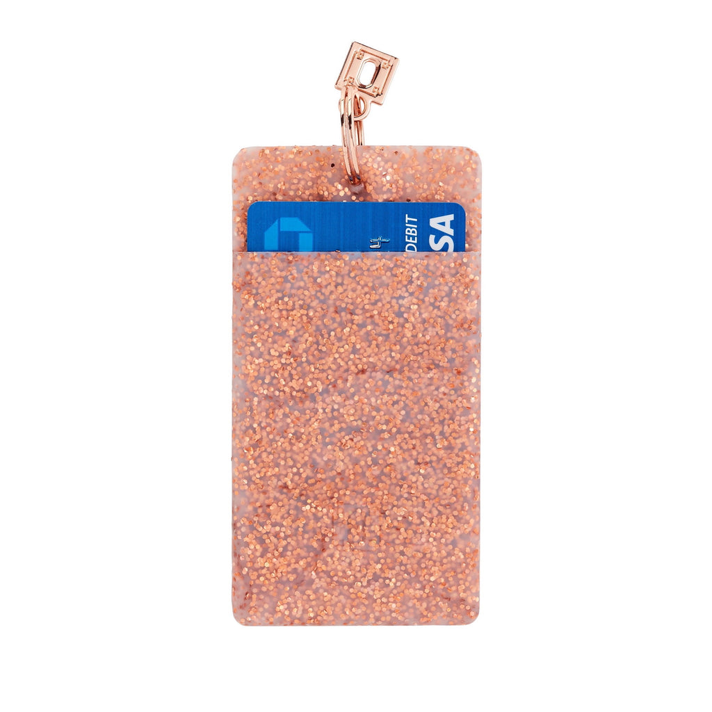 Rose Gold Confetti Silicone ID case with credit cards in card slot