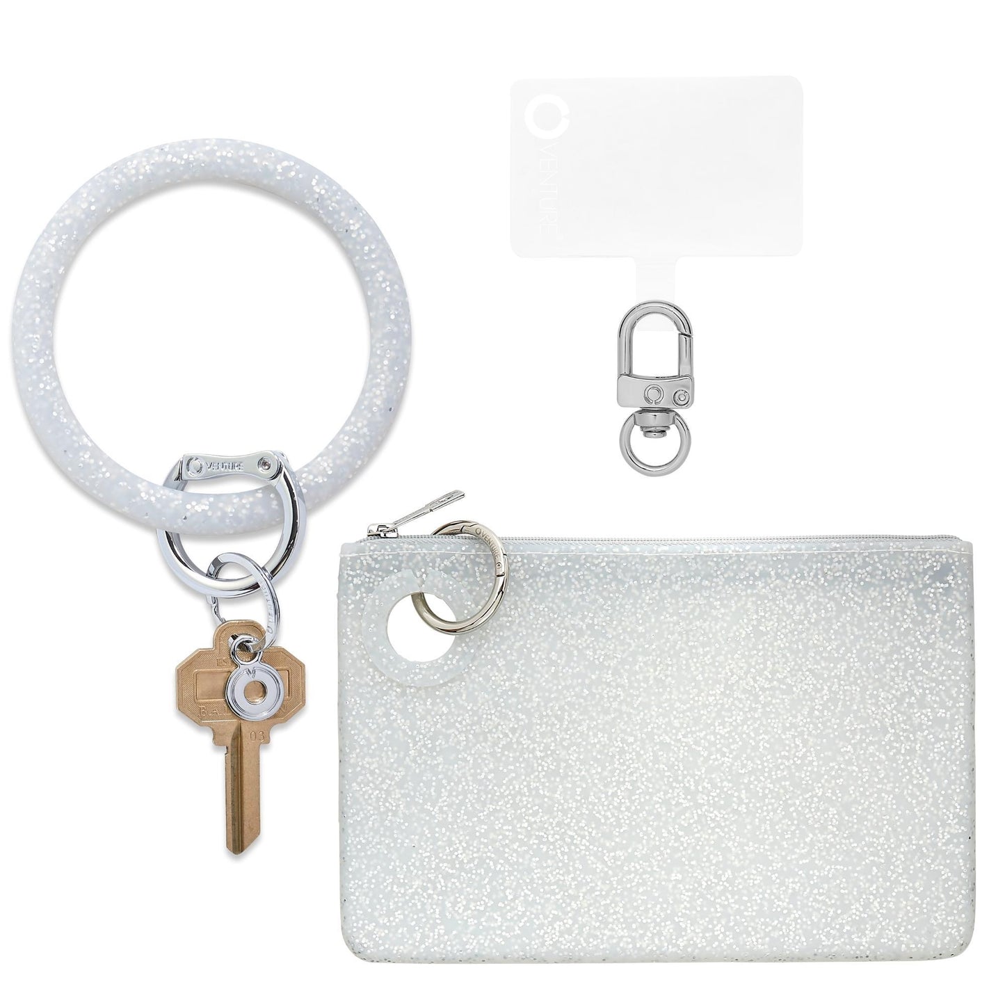 Stylish Large Pouch Wristlet with Phone Holder in silver confetti.