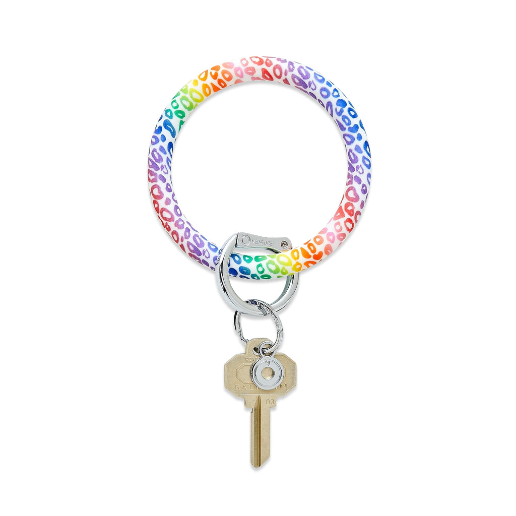 Rainbow Cheetah print silicone Big O Key Ring with silver locking clasp