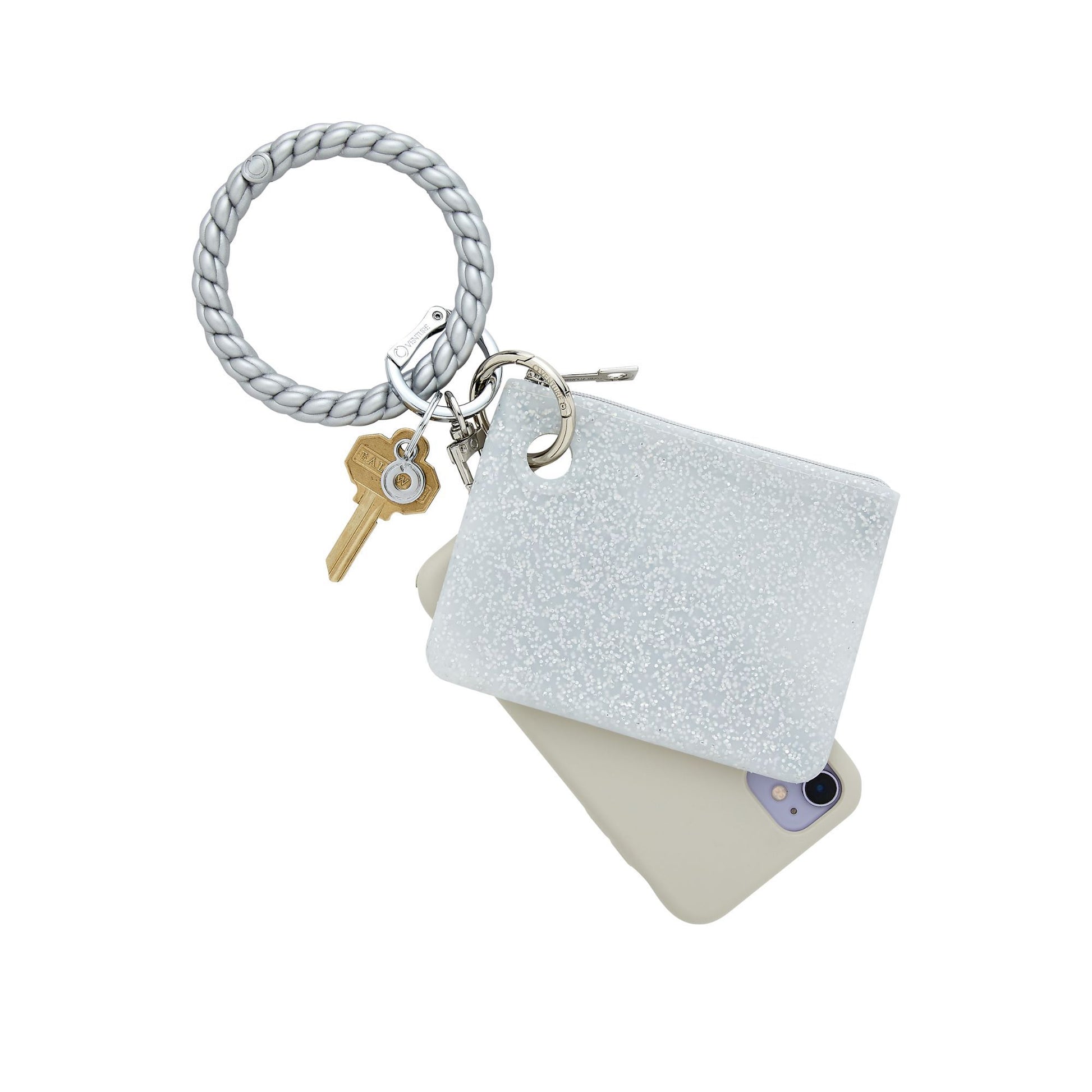 Three in one set with silver braided silicone Big O keyring with silicone pouch and phone connected