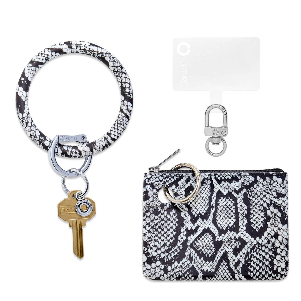 3-in-1 Tuxedo Snakeskin Mini Silicone Pouch Set by Oventure. includes a silicone big o key ring in tuxedo snakeskin print, a mini silicone pouch in tuxedo snakeskin print and phone tab