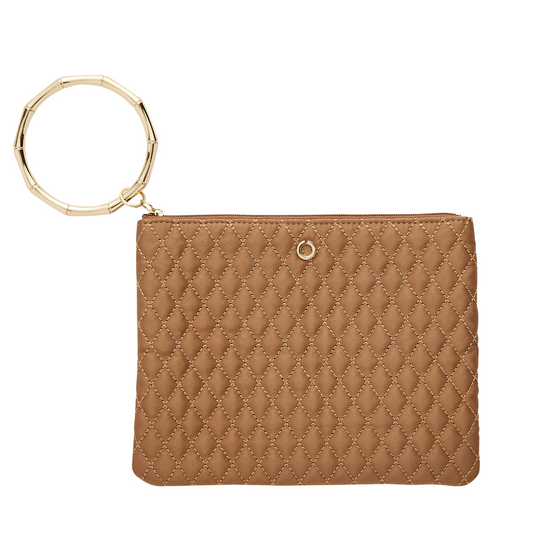 Tan quilted bracelet bag with gold hardware