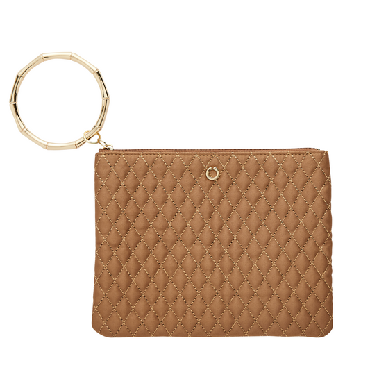 Tan quilted bracelet bag with gold hardware 