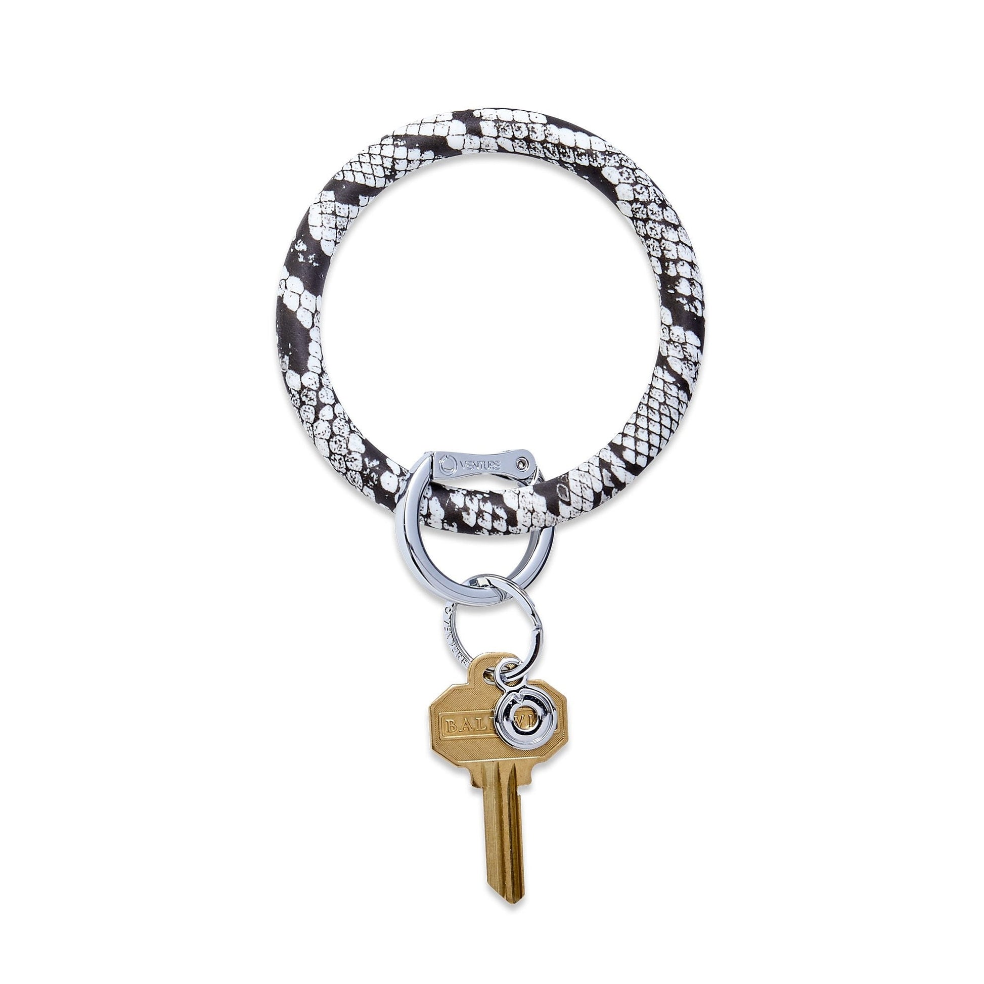 Black and white snakeskin print silicone big O key ring with silver locking clasp