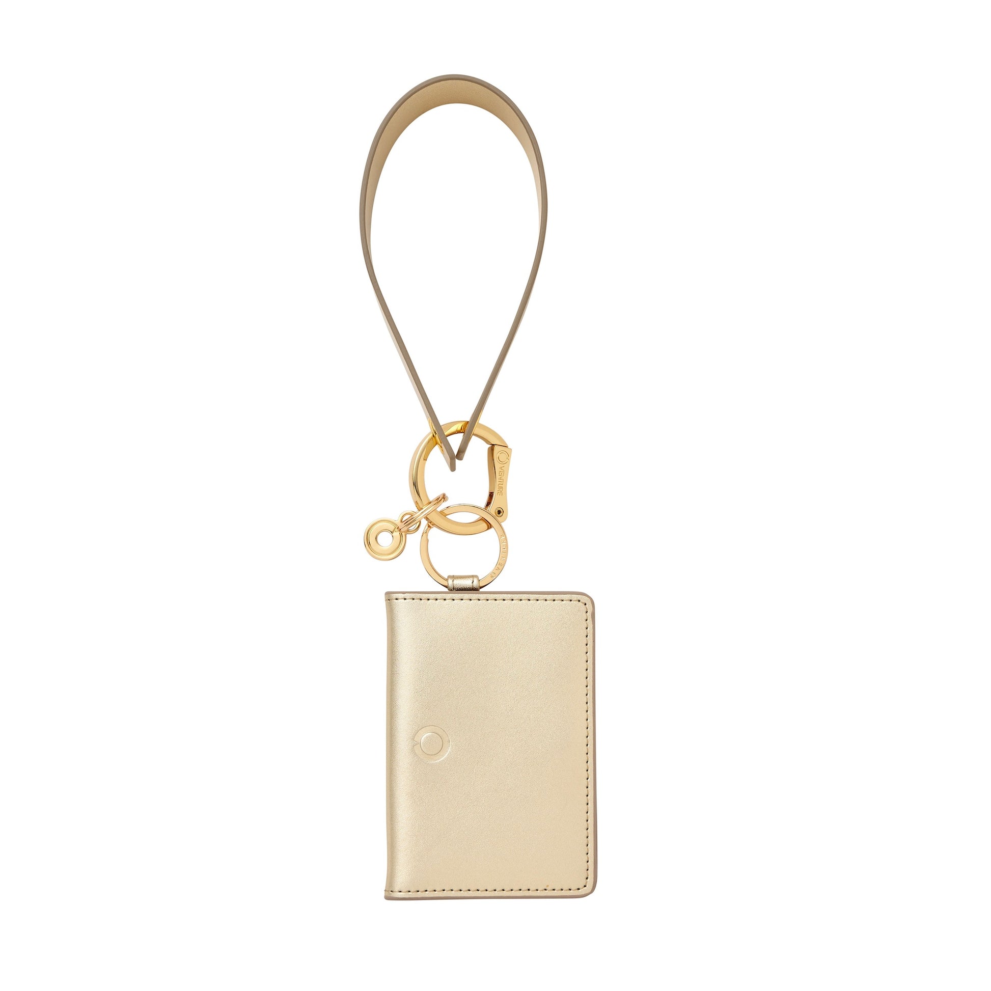 Stylish wristlet wallet in gold leather includes id case and leather keyring loop