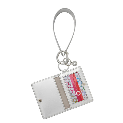 Stylish wristlet wallet in silver leather includes id case and leather keyring loop shown open